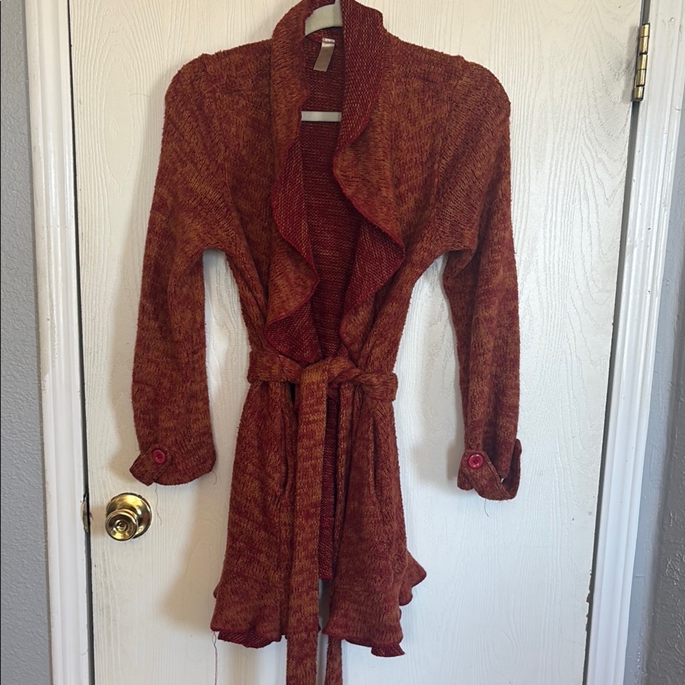 Rust Knit Open-Front Cardigan with Belt